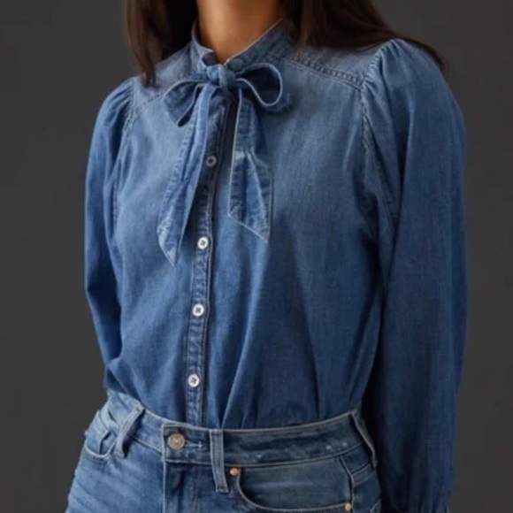 Pilcro Tops - Pilcro Anthropologie Denim Tie Neck Top Long Sleeve NWOT XS